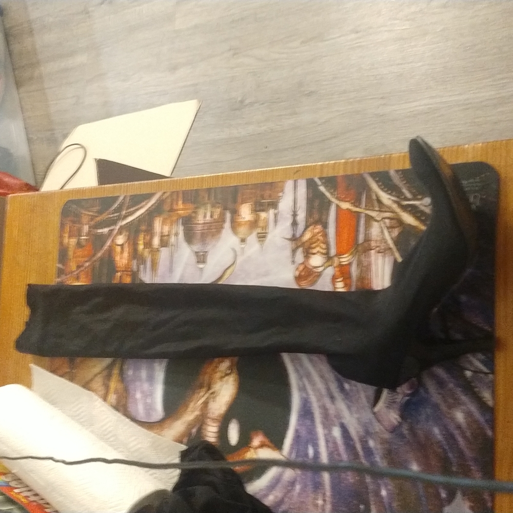 Vintage thrashed thigh high stretchy black boots